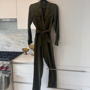 The Kooples Paris Olive Utility Jumpsuit Belted Button Front Long Sleeve Jumpsui